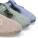 ORGANIC Terry cloth Home little T-Bar shoes with hook and loop strap.