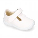 Cotton canvas kids T-Bar sandal shoes with hook and loop strap closure.