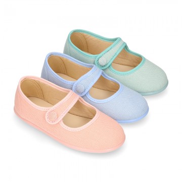 LINEN Stylized little Girl Mary Jane shoes with hook and loop strap closure and button.