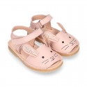 Little PINK RABBIT soft leather Menorquina sandals with hook and loop strap.