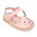 Little PINK RABBIT soft leather Menorquina sandals with hook and loop strap.