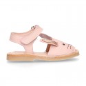 Little PINK RABBIT soft leather Menorquina sandals with hook and loop strap.