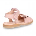 Little PINK RABBIT soft leather Menorquina sandals with hook and loop strap.