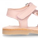 Little PINK RABBIT soft leather Menorquina sandals with hook and loop strap.