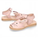 Little PINK RABBIT soft leather Menorquina sandals with hook and loop strap.