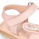 Little PINK RABBIT soft leather Menorquina sandals with hook and loop strap.