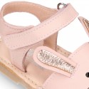 Little PINK RABBIT soft leather Menorquina sandals with hook and loop strap.