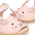 Little PINK RABBIT soft leather Menorquina sandals with hook and loop strap.