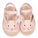 Little PINK RABBIT soft leather Menorquina sandals with hook and loop strap.