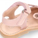 Little PINK RABBIT soft leather Menorquina sandals with hook and loop strap.