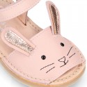 Little PINK RABBIT soft leather Menorquina sandals with hook and loop strap.