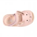 Little PINK RABBIT soft leather Menorquina sandals with hook and loop strap.