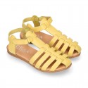 Cowhide leather sandal shoes jelly type design with hook and loop strap closure.