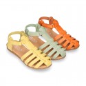 Cowhide leather sandal shoes jelly type design with hook and loop strap closure.