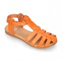 Cowhide leather sandal shoes jelly type design with hook and loop strap closure.