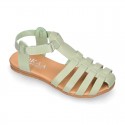 Cowhide leather sandal shoes jelly type design with hook and loop strap closure.