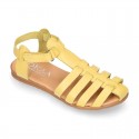 Cowhide leather sandal shoes jelly type design with hook and loop strap closure.