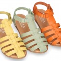 Cowhide leather sandal shoes jelly type design with hook and loop strap closure.