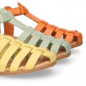 Cowhide leather sandal shoes jelly type design with hook and loop strap closure.