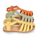 Cowhide leather sandal shoes jelly type design with hook and loop strap closure.