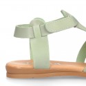 Cowhide leather sandal shoes jelly type design with hook and loop strap closure.