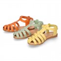 Cowhide leather sandal shoes jelly type design with hook and loop strap closure.