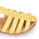 Cowhide leather sandal shoes jelly type design with hook and loop strap closure.