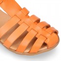 Cowhide leather sandal shoes jelly type design with hook and loop strap closure.