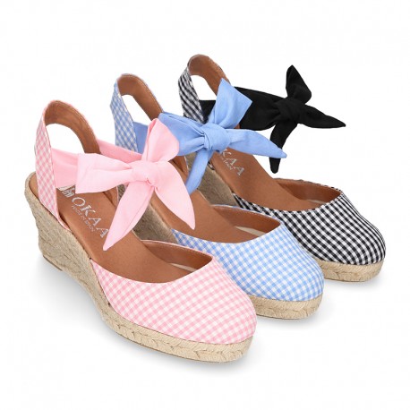 Wedge women sandal espadrille shoes in VICHY canvas with BOW.