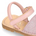 SHINY leather Girl Menorquina sandals with hook and loop strap.