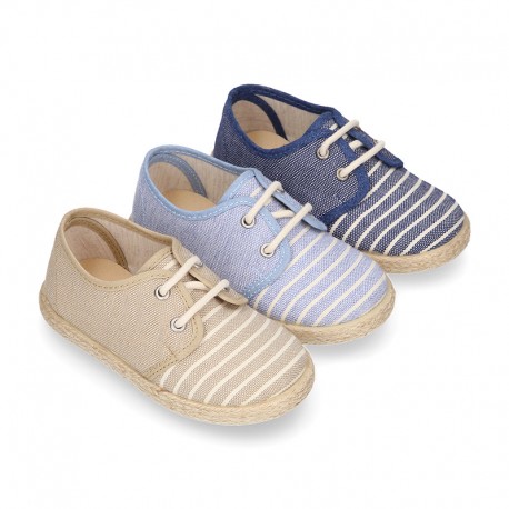 Stripes print Cotton canvas kids Laces up shoes espadrille style.