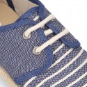 Stripes print Cotton canvas kids Laces up shoes espadrille style.