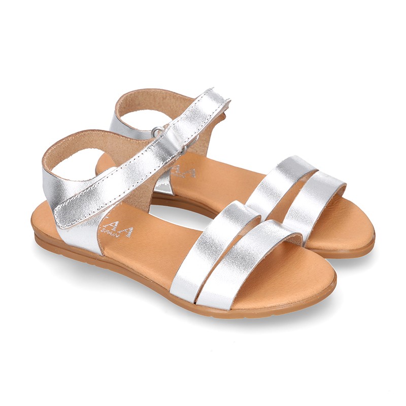 METAL leather sandal shoes with hook and loop strap closure. MG073 ...