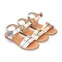 METAL leather sandal shoes with hook and loop strap closure.