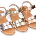 METAL leather sandal shoes with hook and loop strap closure.