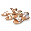 METAL leather sandal shoes with hook and loop strap closure.