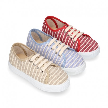 STRIPES design Cotton canvas kids tennis shoes to dress with laces.