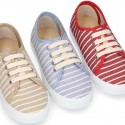 STRIPES design Cotton canvas kids tennis shoes to dress with laces.