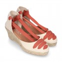 Cotton canvas wedge woman espadrilles shoes Valenciana style with THREE FASHION COLORS RIBBONS design.