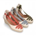 Cotton canvas wedge woman espadrilles shoes Valenciana style with THREE FASHION COLORS RIBBONS design.