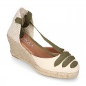 Cotton canvas wedge woman espadrilles shoes Valenciana style with THREE FASHION COLORS RIBBONS design.