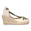 Cotton canvas wedge woman espadrilles shoes Valenciana style with THREE FASHION COLORS RIBBONS design.