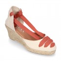 Cotton canvas wedge woman espadrilles shoes Valenciana style with THREE FASHION COLORS RIBBONS design.