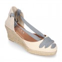 Cotton canvas wedge woman espadrilles shoes Valenciana style with THREE FASHION COLORS RIBBONS design.