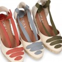 Cotton canvas wedge woman espadrilles shoes Valenciana style with THREE FASHION COLORS RIBBONS design.
