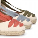 Cotton canvas wedge woman espadrilles shoes Valenciana style with THREE FASHION COLORS RIBBONS design.