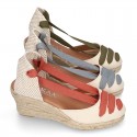 Cotton canvas wedge woman espadrilles shoes Valenciana style with THREE FASHION COLORS RIBBONS design.