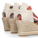 Cotton canvas wedge woman espadrilles shoes Valenciana style with THREE FASHION COLORS RIBBONS design.