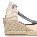 Cotton canvas wedge woman espadrilles shoes Valenciana style with THREE FASHION COLORS RIBBONS design.