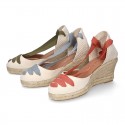 Cotton canvas wedge woman espadrilles shoes Valenciana style with THREE FASHION COLORS RIBBONS design.